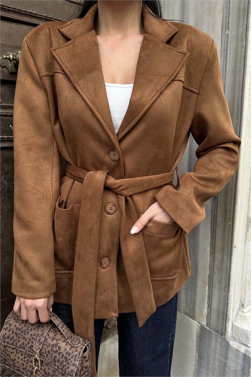 Kadın Taba Süet Kemerli Kadın Ceket ESR011 