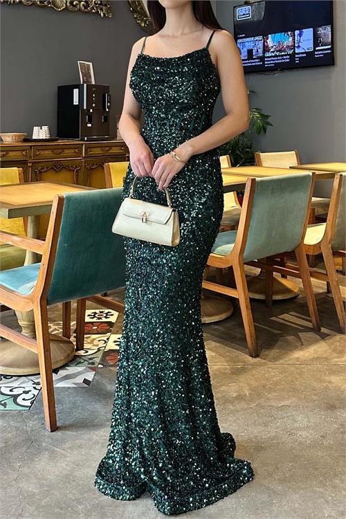 Zümrüt Yeşili Pul Payetli Uzun Abiye Elbise | Astarlı Şık Gece Elbisesi ESR033 