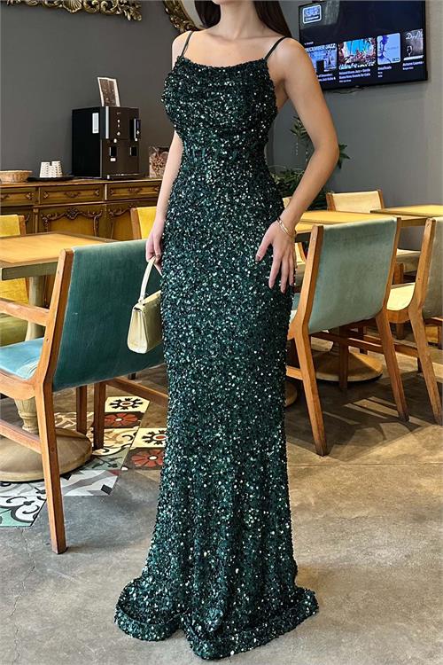 Zümrüt Yeşili Pul Payetli Uzun Abiye Elbise | Astarlı Şık Gece Elbisesi ESR033 