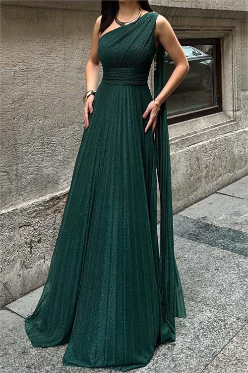 Kadın Zümrüt Yeşili Tek Omuz Simli Kumaş Işıltılı Maxi Abiye Elbise ESR030 