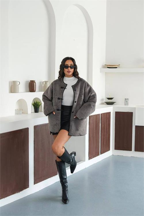 XXL Butik kadın düğmeli peluş kaban ESRMYLK31 