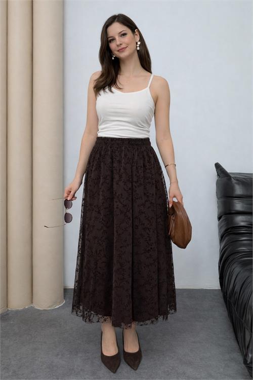 Kadın Kahverengi Astarlı Tül Detaylı Beli Lastikli Etek ESR081 