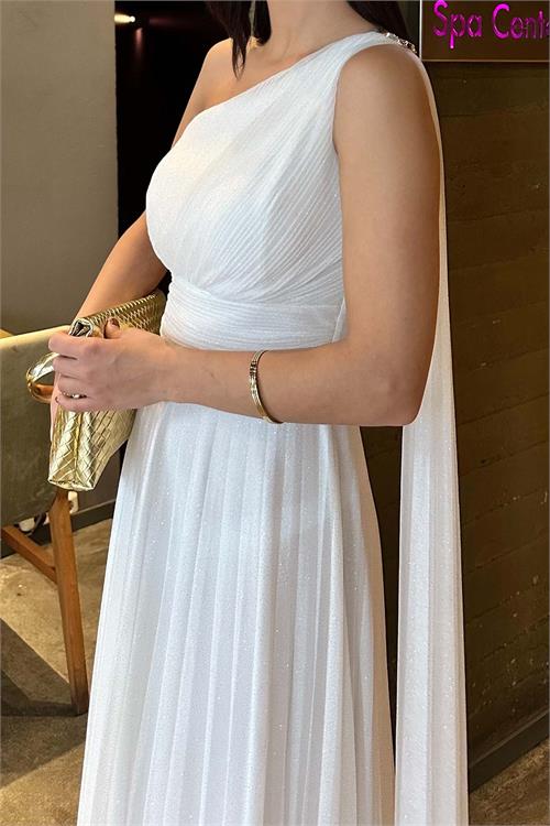 Kadın Beyaz Tek Omuz Simli Kumaş Işıltılı Maxi Abiye Elbise ESR030 