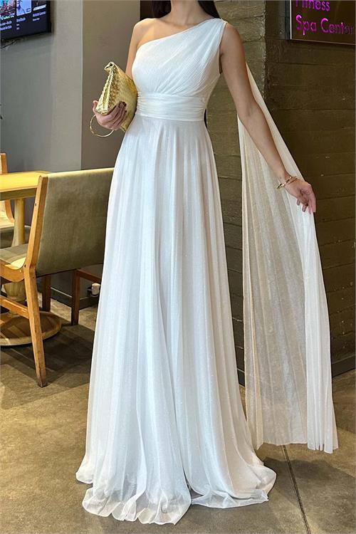 Kadın Beyaz Tek Omuz Simli Kumaş Işıltılı Maxi Abiye Elbise ESR030 