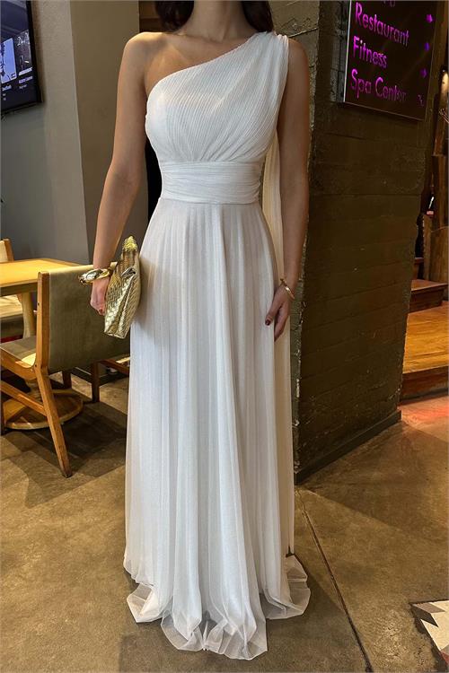 Kadın Beyaz Tek Omuz Simli Kumaş Işıltılı Maxi Abiye Elbise ESR030 