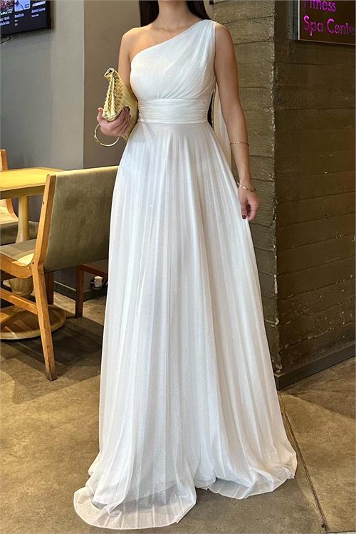 Kadın Beyaz Tek Omuz Simli Kumaş Işıltılı Maxi Abiye Elbise ESR030 