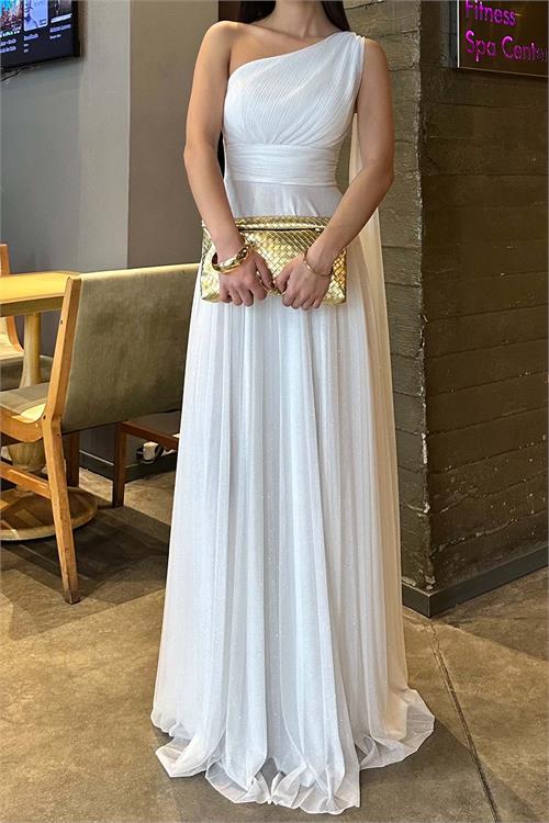 Kadın Beyaz Tek Omuz Simli Kumaş Işıltılı Maxi Abiye Elbise ESR030 