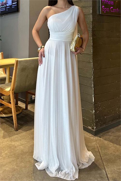 Kadın Beyaz Tek Omuz Simli Kumaş Işıltılı Maxi Abiye Elbise ESR030 