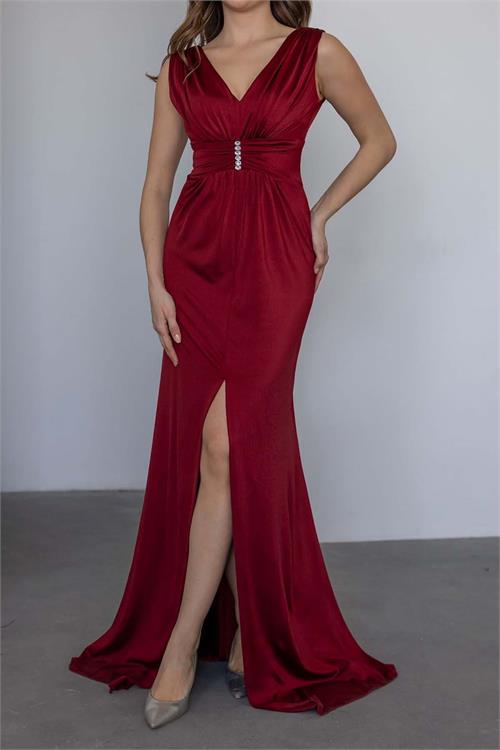 Kadın Bordo V Yaka Taş Detaylı Yırtmaçlı Uzun Abiye Elbise ESR0105 