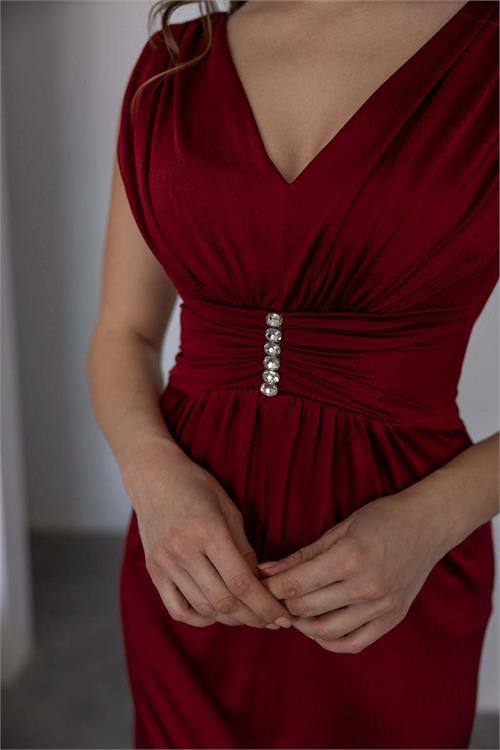 Kadın Bordo V Yaka Taş Detaylı Yırtmaçlı Uzun Abiye Elbise ESR0105 