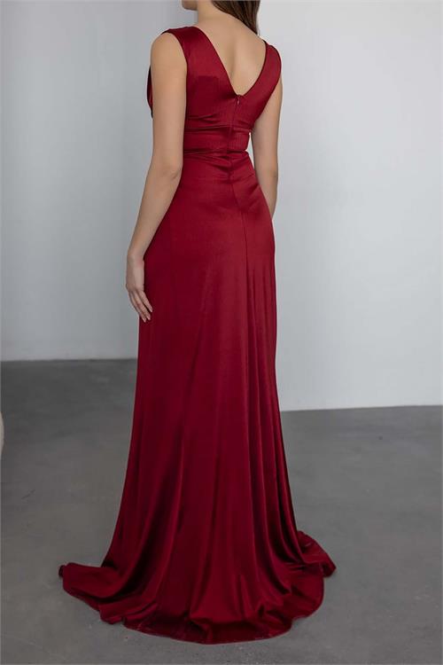 Kadın Bordo V Yaka Taş Detaylı Yırtmaçlı Uzun Abiye Elbise ESR0105 
