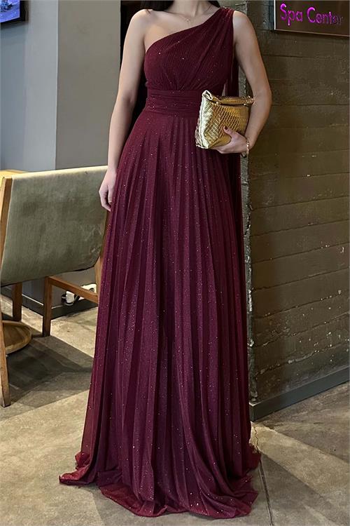 Kadın Bordo Tek Omuz Simli Kumaş Işıltılı Maxi Abiye Elbise ESR030 