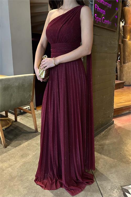 Kadın Bordo Tek Omuz Simli Kumaş Işıltılı Maxi Abiye Elbise ESR030 