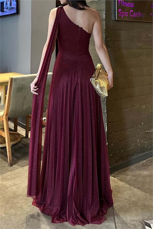 Kadın Bordo Tek Omuz Simli Kumaş Işıltılı Maxi Abiye Elbise ESR030 