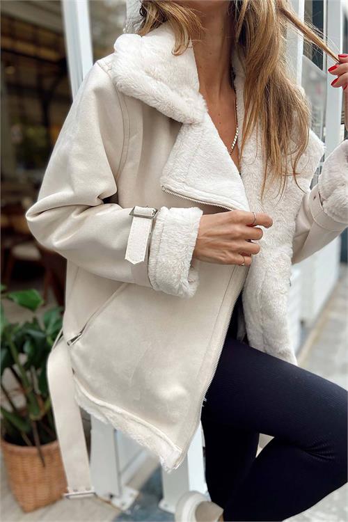 XXL Butik kadın ekru içi kürklü süet ceket MYLK11 