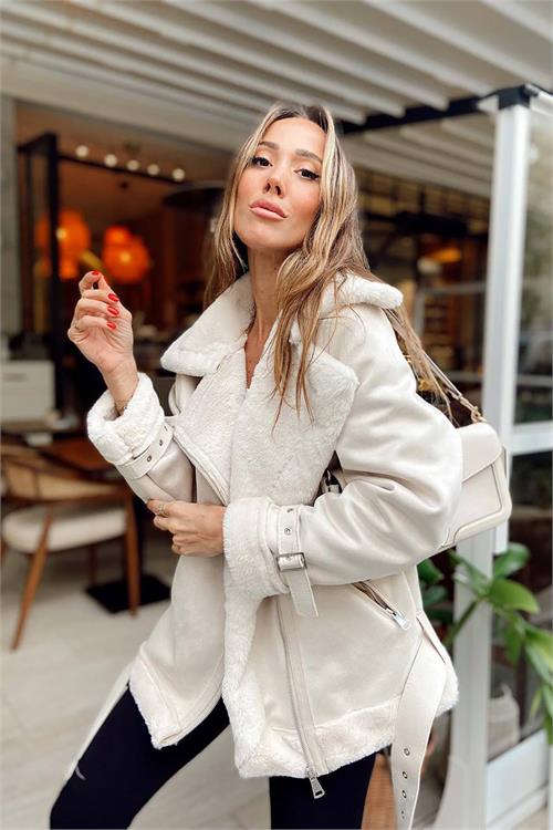 XXL Butik kadın ekru içi kürklü süet ceket MYLK11 