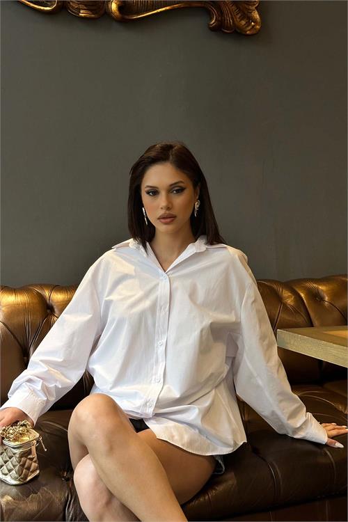 Kadın Ekru Oversize Gömlek Uzun Kollu Tasarım Model ESR078