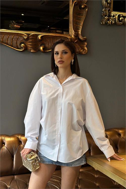 Kadın Ekru Oversize Gömlek Uzun Kollu Tasarım Model ESR078