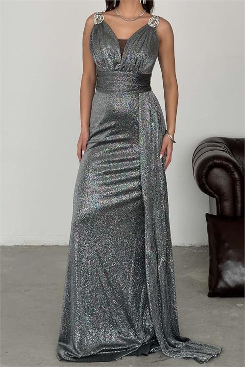 Kadın Gri Simli Kumaş Büyük Beden Abiye Elbise ESR073 