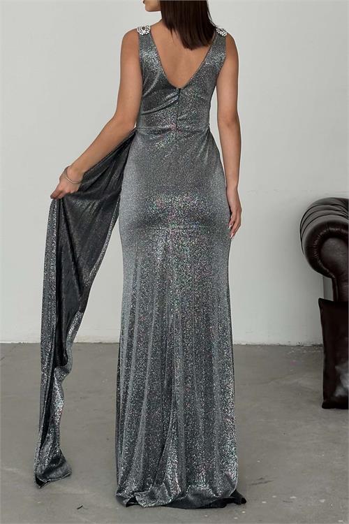 Kadın Gri Simli Kumaş Büyük Beden Abiye Elbise ESR073 