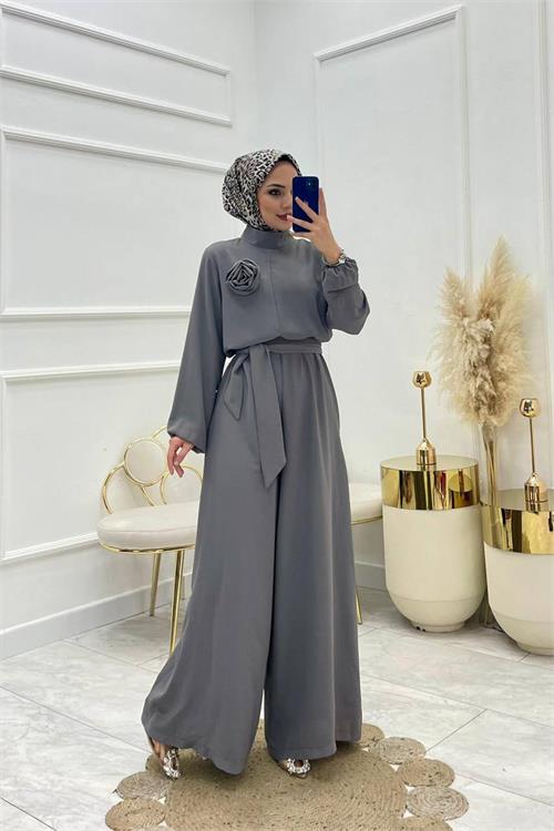XXL Butik kadın çıkarılabilir broş gül detaylı tesettür tulum X-NMS003 