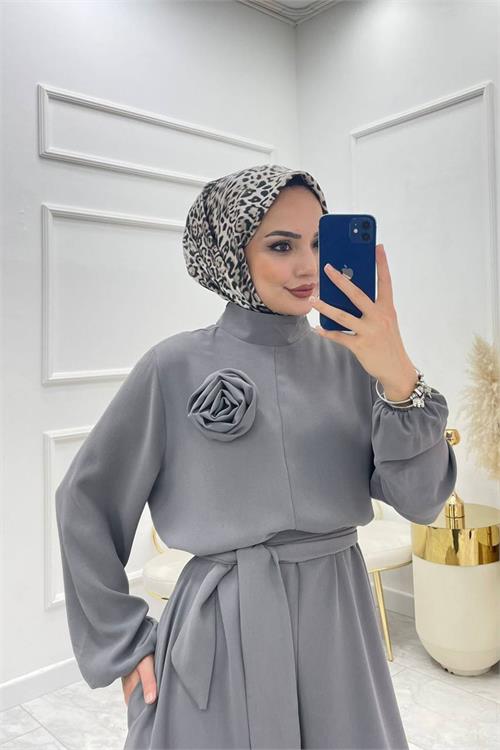 XXL Butik kadın çıkarılabilir broş gül detaylı tesettür tulum X-NMS003 