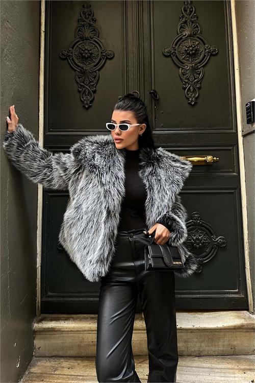 Kadın Gri Oversize Kürk Kaban | Çıt Çıtlı Cepli ESR005 