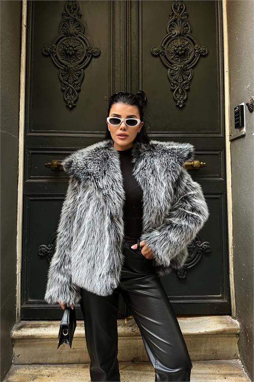 Kadın Gri Oversize Kürk Kaban | Çıt Çıtlı Cepli ESR005 