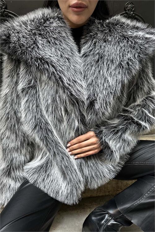 Kadın Gri Oversize Kürk Kaban | Çıt Çıtlı Cepli ESR005 