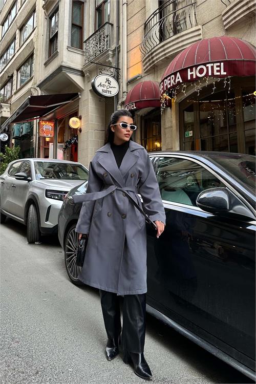 Kadın Gri Astarlı Oversize Kemerli Trençkot ESR012 