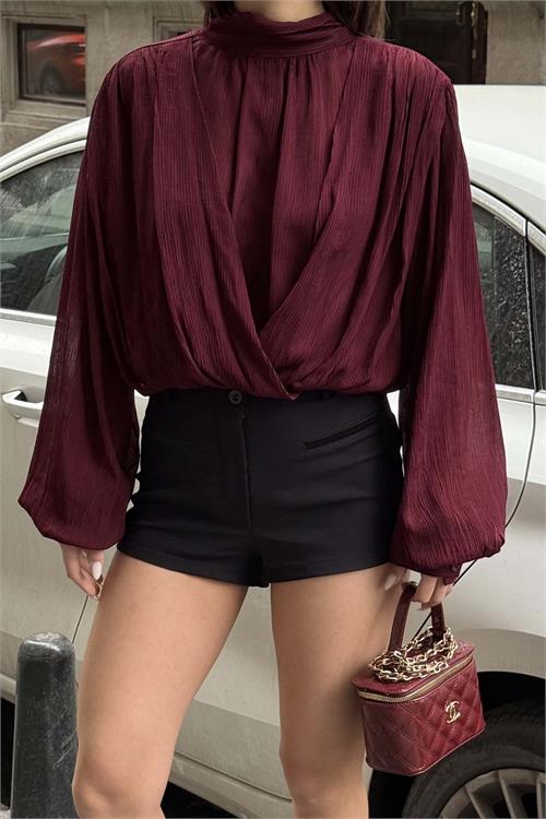 Kadın Bordo Salaş Kesim Drapeli Tasarım Bluz ESR077