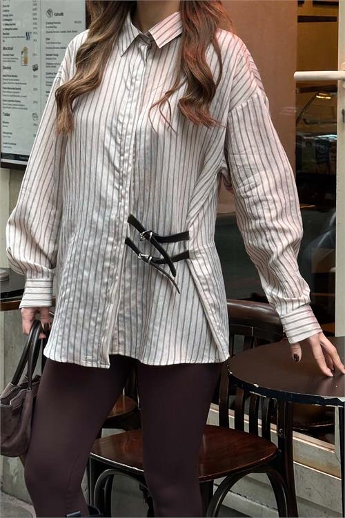 Kadın Bej Oversize Çizgili Modal Gömlek Tokalı Detaylı ESR076