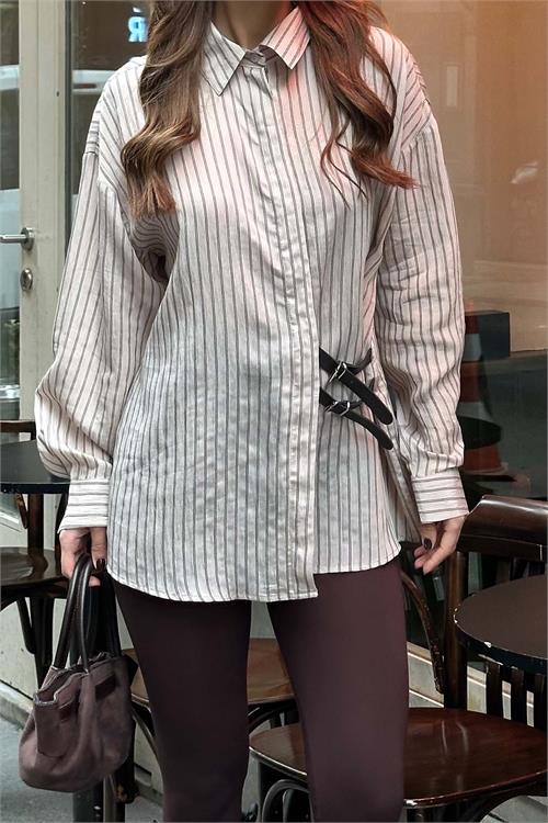 Kadın Bej Oversize Çizgili Modal Gömlek Tokalı Detaylı ESR076