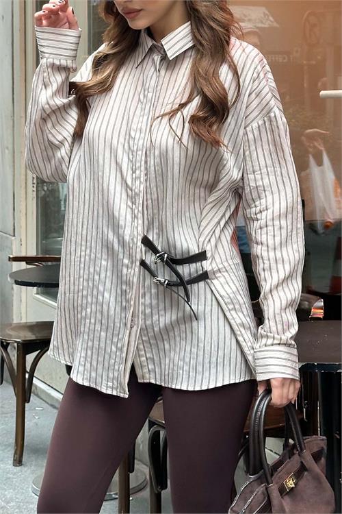Kadın Bej Oversize Çizgili Modal Gömlek Tokalı Detaylı ESR076