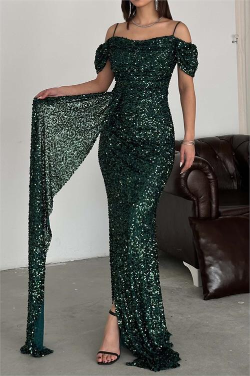 Kadın Zümrüt Yeşili Pul Payet Kuyruklu Maxi Boy Abiye Elbise ESR072 