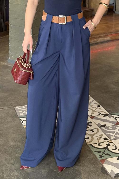 Kadın Lacivert Kemerli Poliviskon Kumaş Bol Paça Pantolon – ESR080 