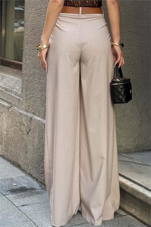 Kadın Bej Kemerli Poliviskon Kumaş Bol Paça Pantolon – ESR080 