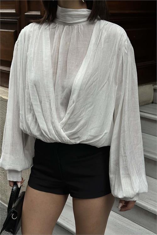 Kadın Ekru Drapeli Bluz Balıkçı Yaka Uzun Kollu ESR077