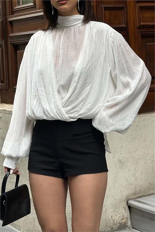 Kadın Ekru Drapeli Bluz Balıkçı Yaka Uzun Kollu ESR077