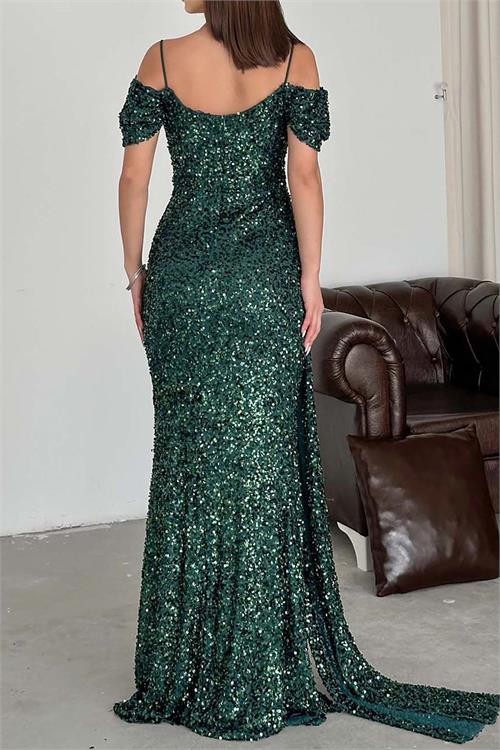 Kadın Zümrüt Yeşili Pul Payet Kuyruklu Maxi Boy Abiye Elbise ESR072 