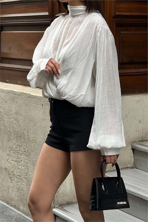 Kadın Ekru Drapeli Bluz Balıkçı Yaka Uzun Kollu ESR077