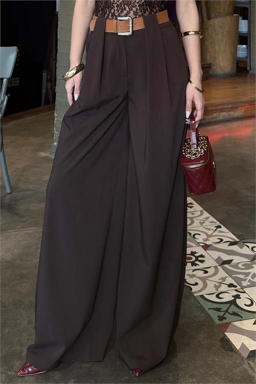 Kadın Kahverengi Kemerli Poliviskon Kumaş Bol Paça Pantolon – ESR080 