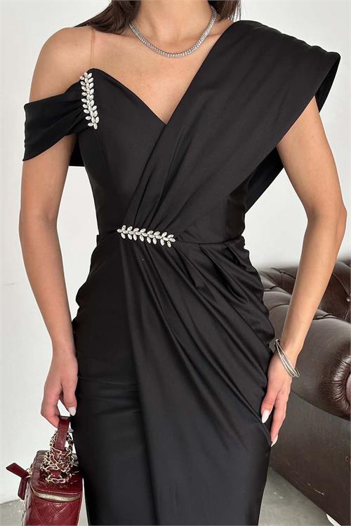 Kadın Siyah Drapeli Taş Detaylı Tek Omuz Tasarım Abiye Elbise ESR074 