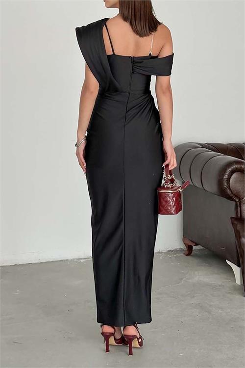 Kadın Siyah Drapeli Taş Detaylı Tek Omuz Tasarım Abiye Elbise ESR074 