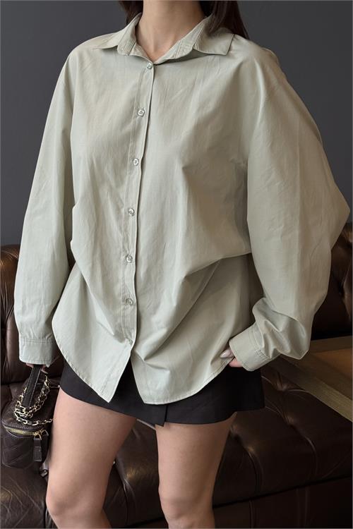 Kadın Haki Oversize Gömlek Uzun Kollu Tasarım Model ESR078