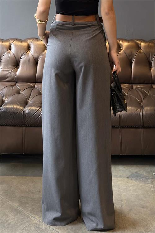 Kadın Gri Kemerli Poliviskon Kumaş Bol Paça Pantolon – ESR080 