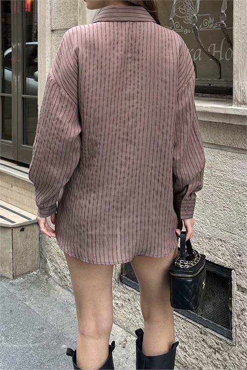 Kadın Kahverengi Oversize Çizgili Modal Gömlek Tokalı Detaylı ESR076