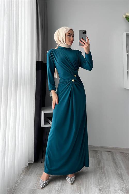 XXL Butik kadın sandy kumaş düğmeli tesettür elbise X-NMS046 