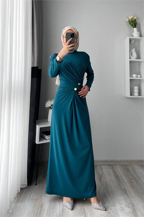 XXL Butik kadın sandy kumaş düğmeli tesettür elbise X-NMS046 