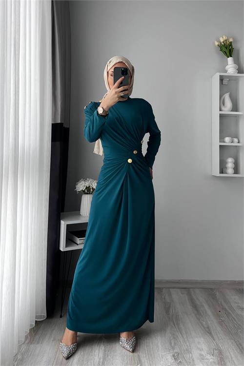 XXL Butik kadın sandy kumaş düğmeli tesettür elbise X-NMS046 